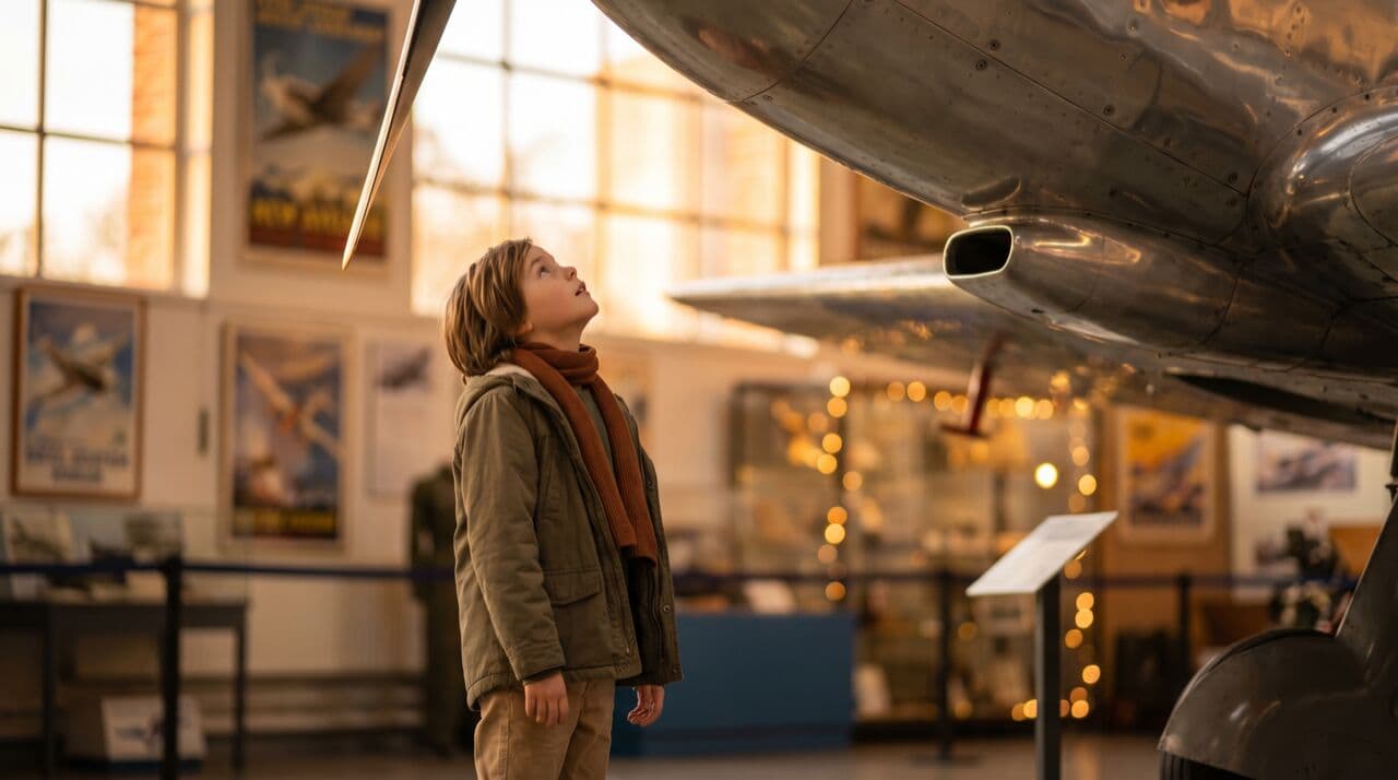 Child looking up at vintage aircraft at aviation museum with awe and wonder