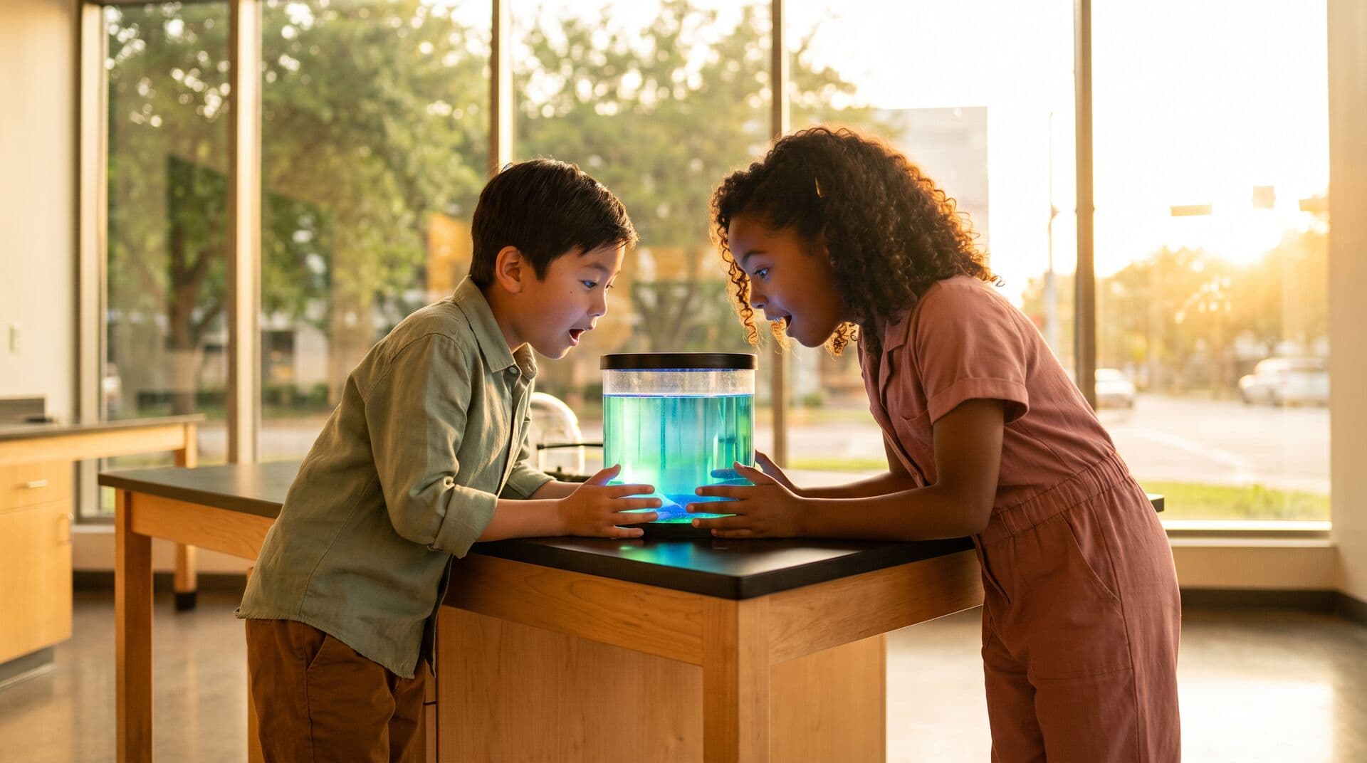 Children exploring a cool, air-conditioned museum exhibit in Houston