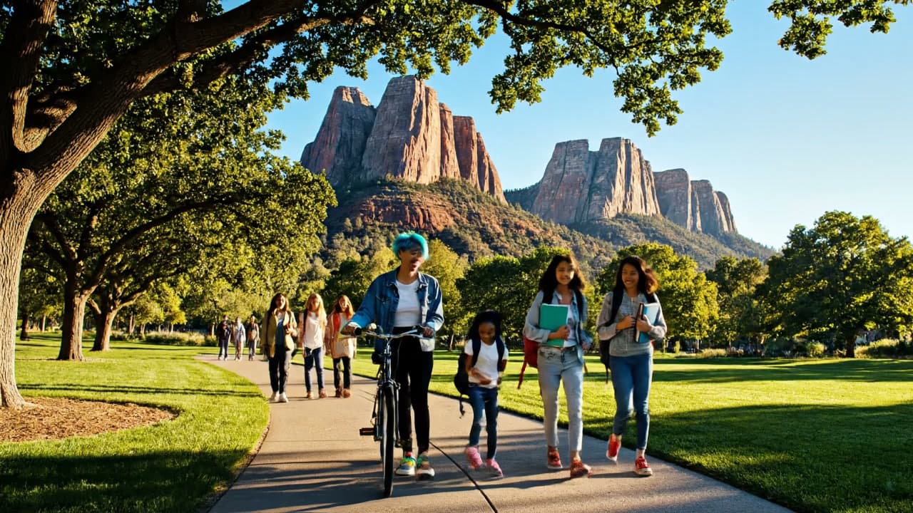 Two children hiking with iconic Boulder Flatirons rock formations in background