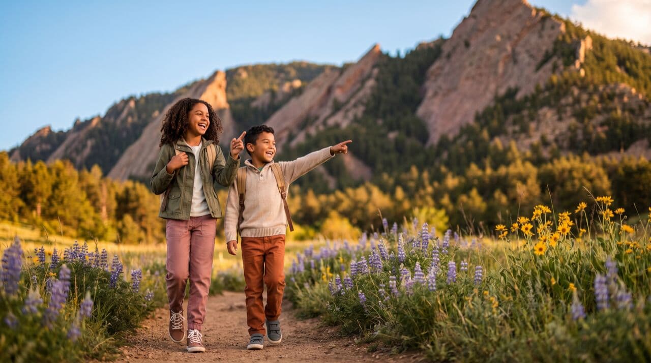 Two children hiking with iconic Boulder Flatirons rock formations in background