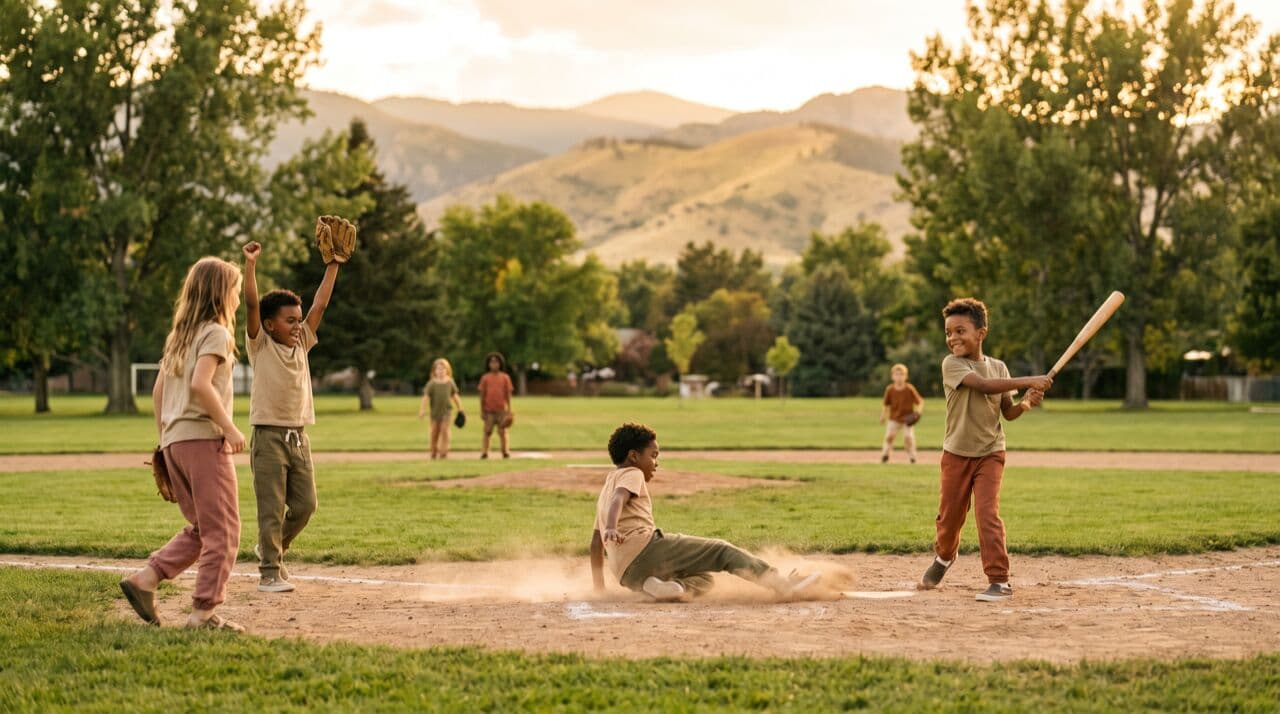 Children playing baseball on suburban Colorado field with Rocky Mountain foothills in distance