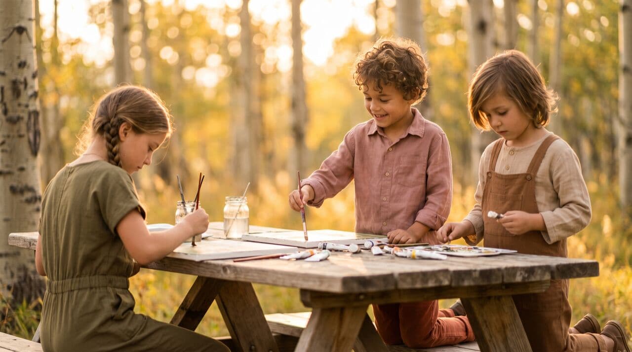Three children painting on canvases outdoors in warm golden-hour light through trees