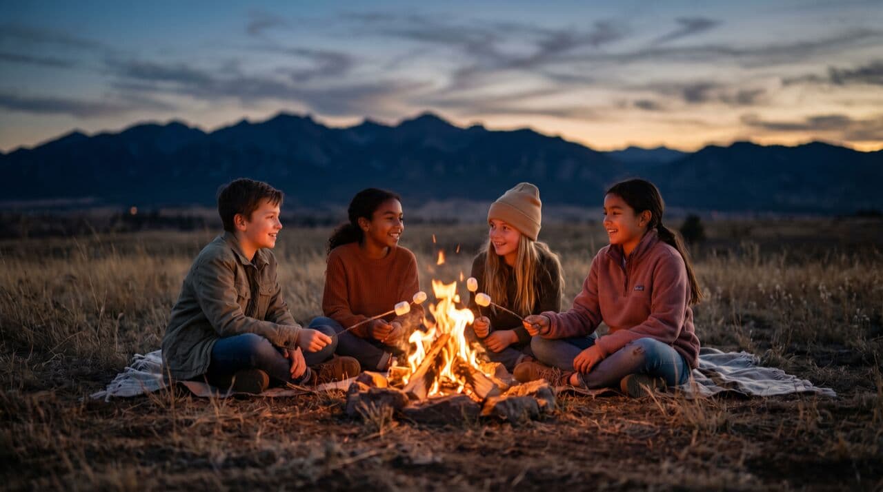 Children around campfire at dusk with Colorado mountain silhouette and deep blue and orange sunset sky