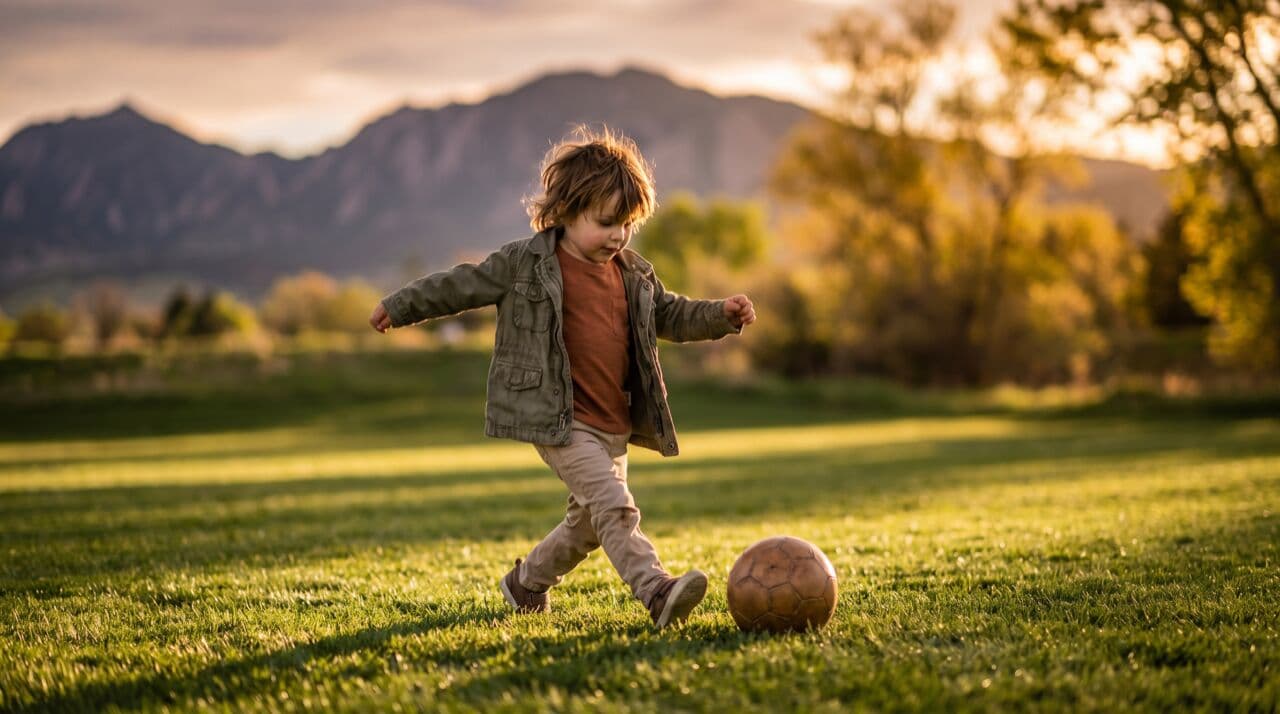 Young child kicking a ball on a sunny Colorado field with the Front Range foothills behind