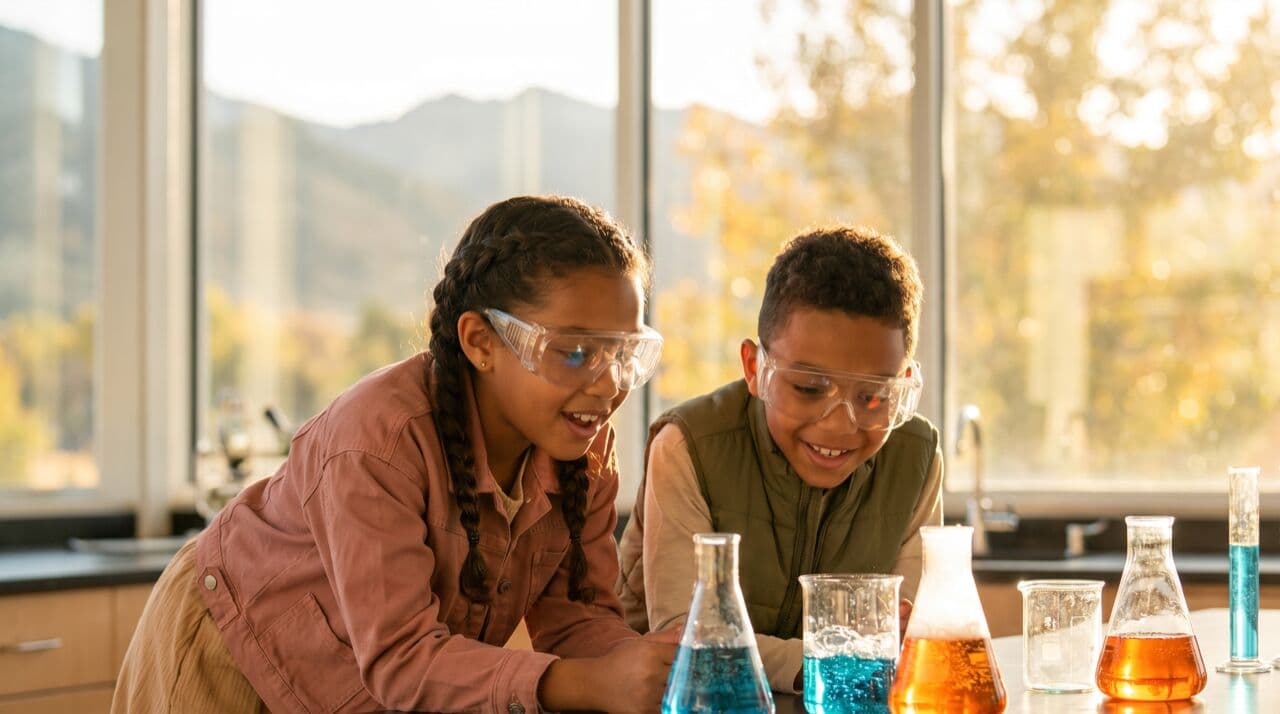 Two kids with safety goggles over colorful science beakers in a bright modern lab
