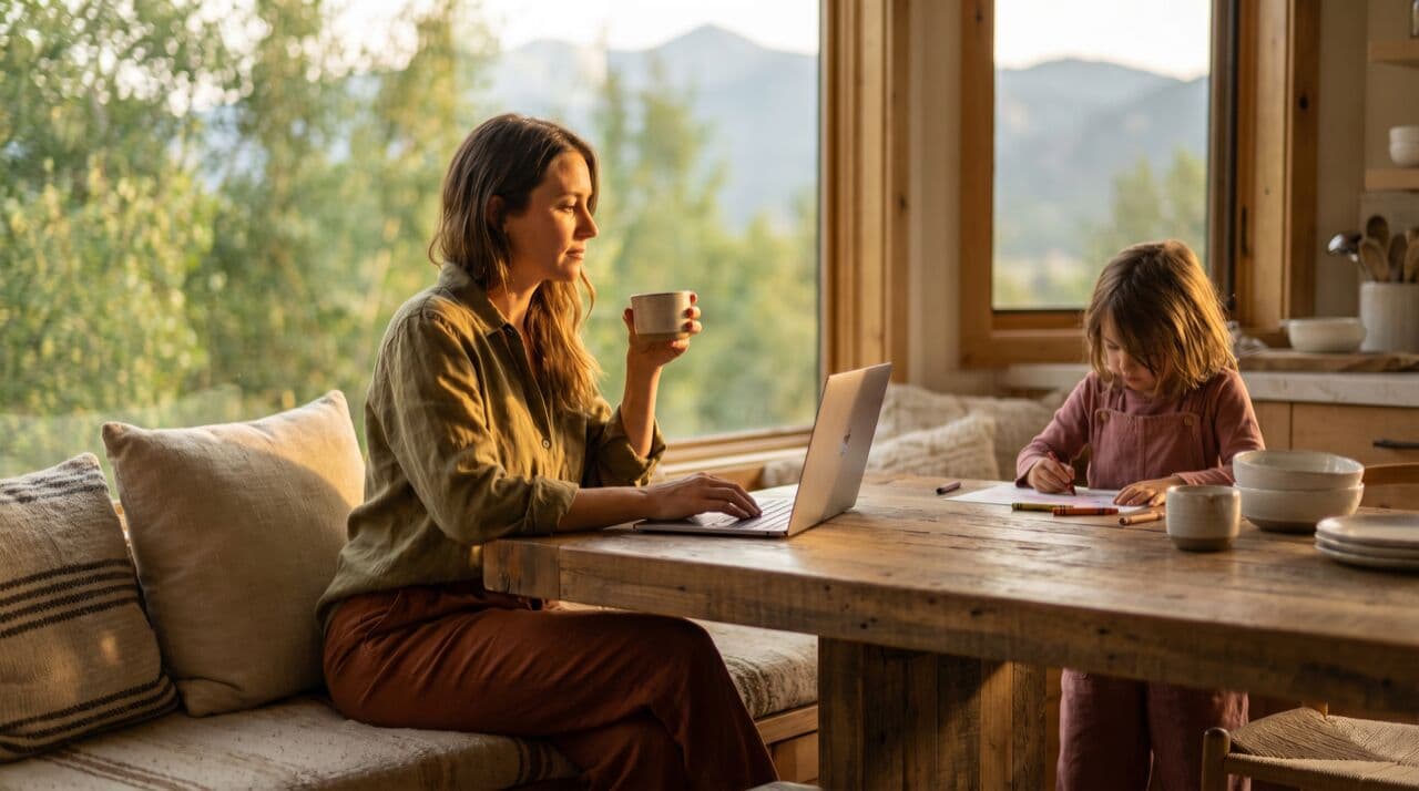 Parent at kitchen table with laptop and coffee while child draws nearby in warm morning light