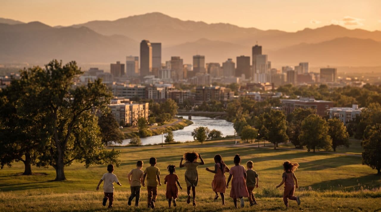 Wide view of Denver with Rocky Mountains and children silhouettes in park foreground at golden hour