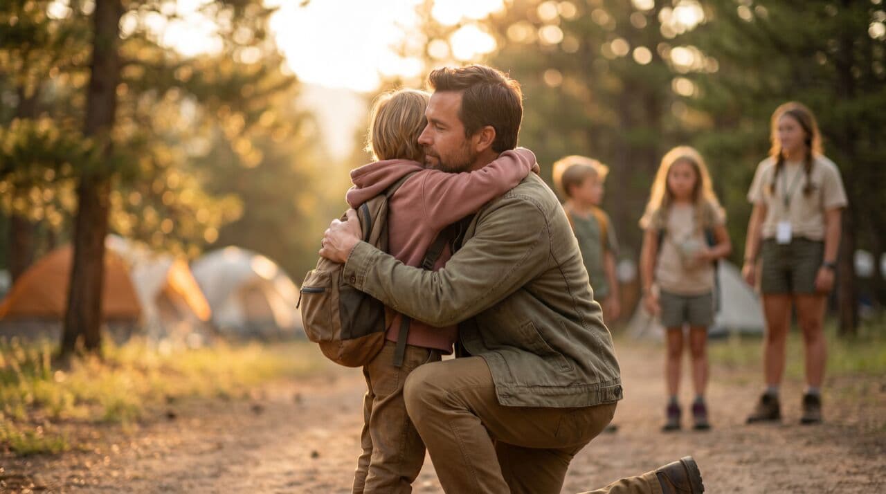 Father kneeling to hug young child at camp drop-off in warm golden morning light