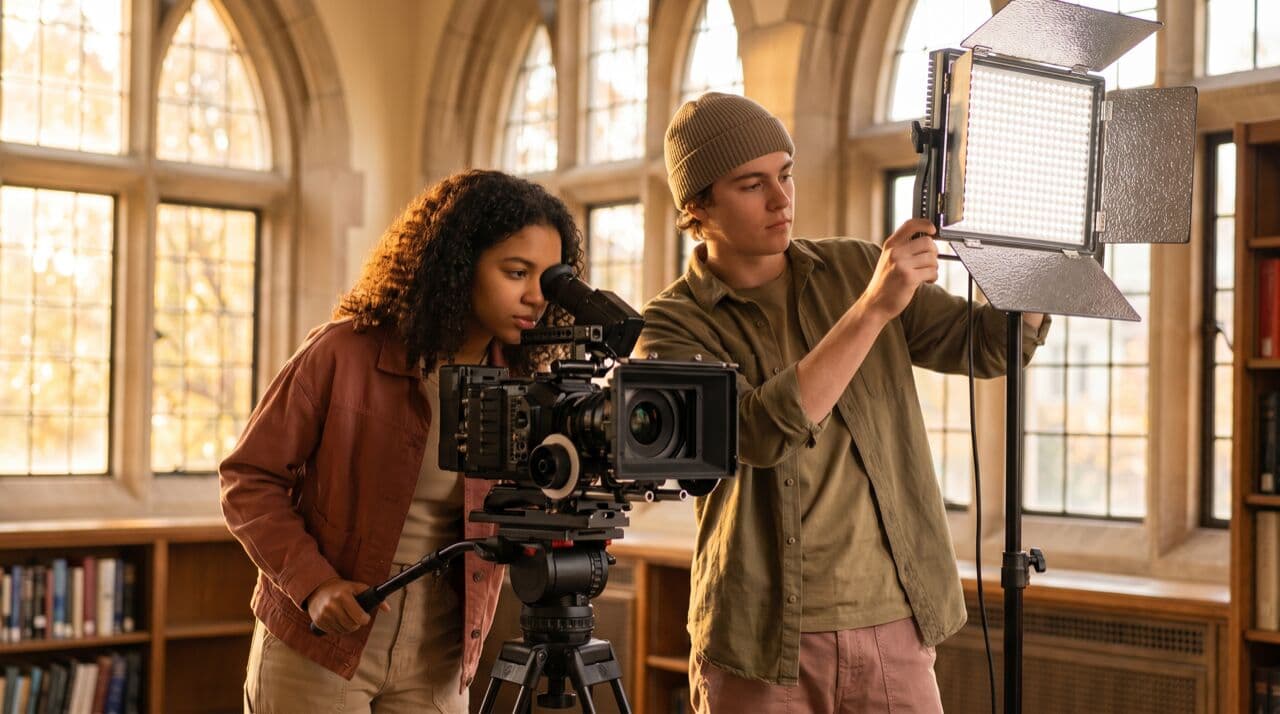 Two teenagers working on film production on a college campus