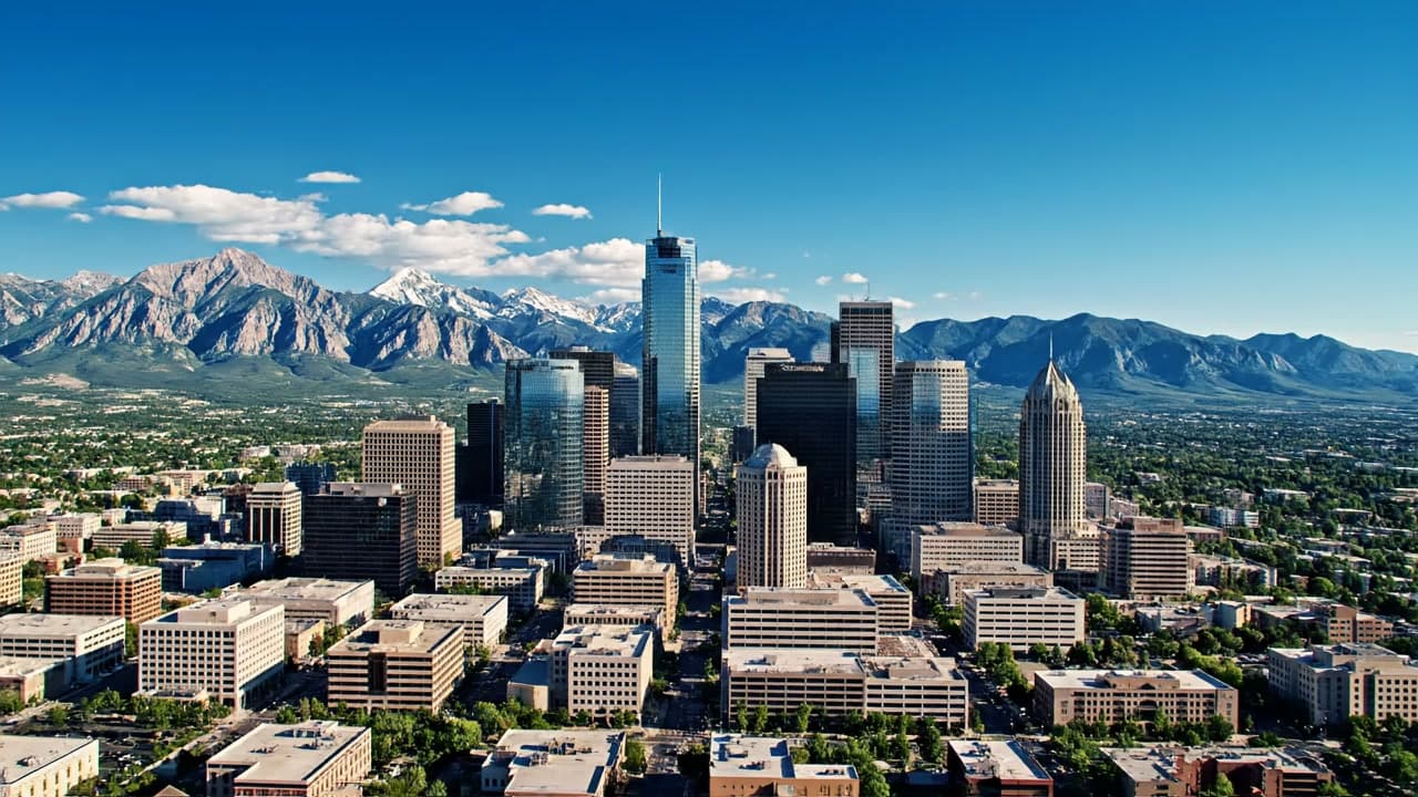 Downtown Denver skyline with children playing in Civic Center Park