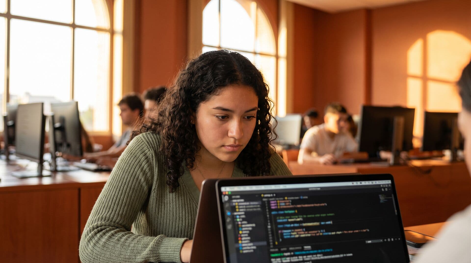 A teenager looking through a microscope in a bright laboratory