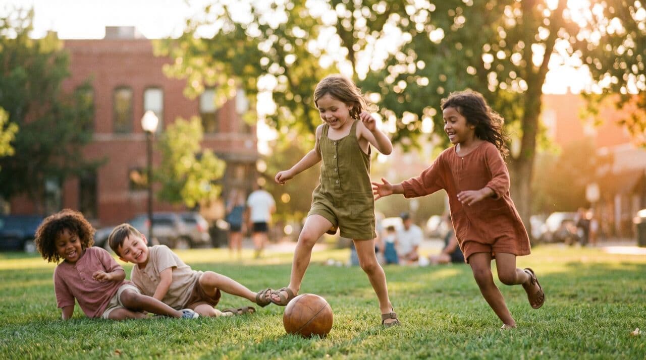 Large diverse group of children playing in a city park on a sunny summer day