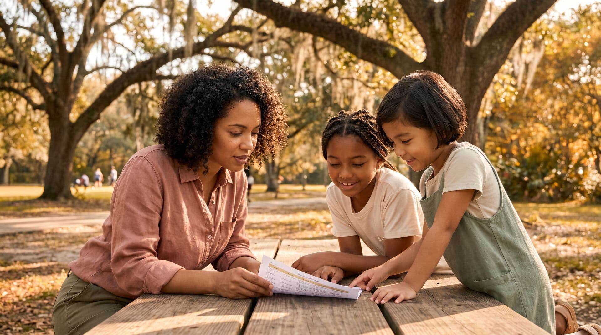 A parent reviewing a budget spreadsheet on a laptop while planning summer camp costs for their children