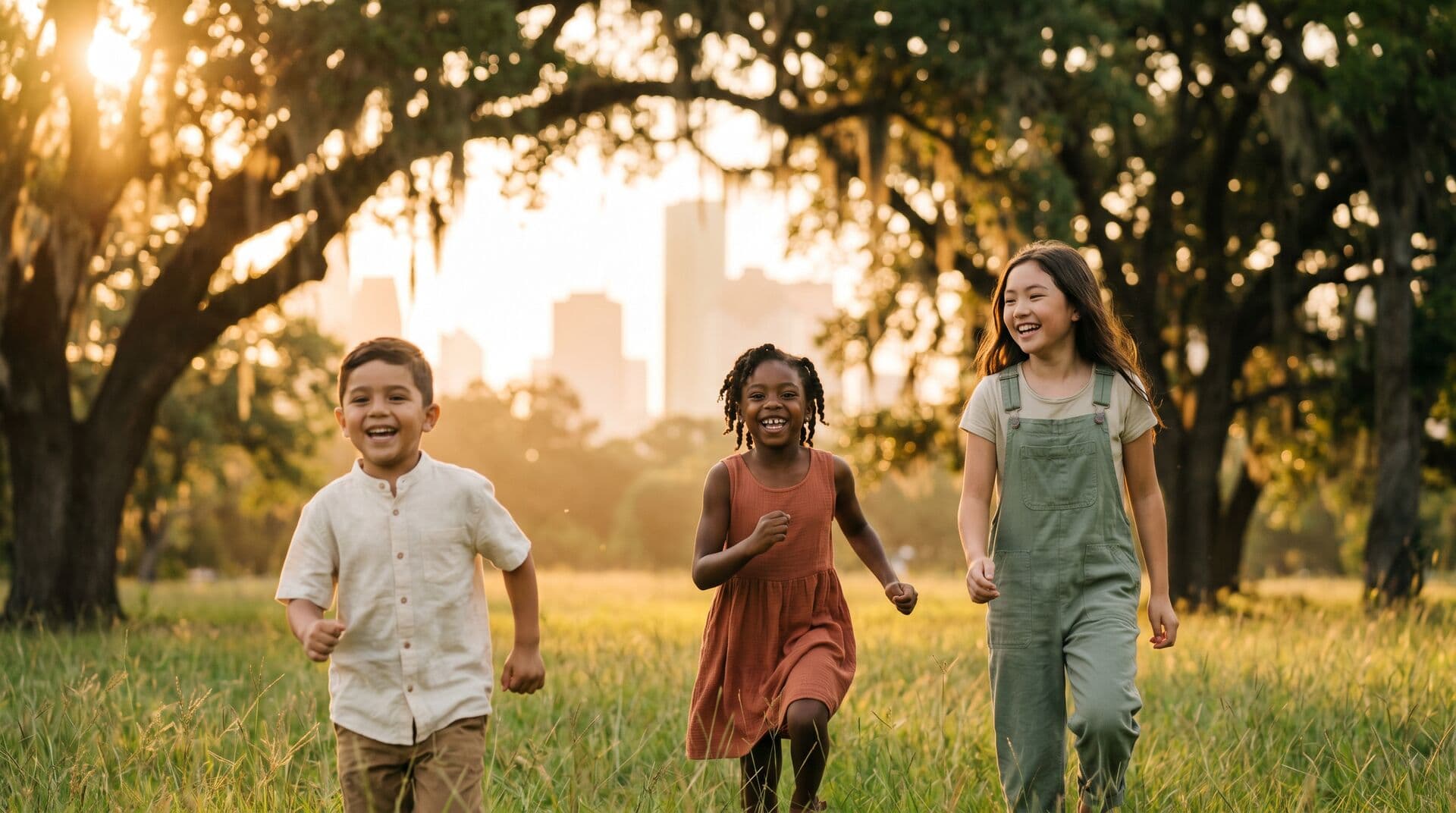 Houston skyline at sunset with families in Eleanor Tinsley Park
