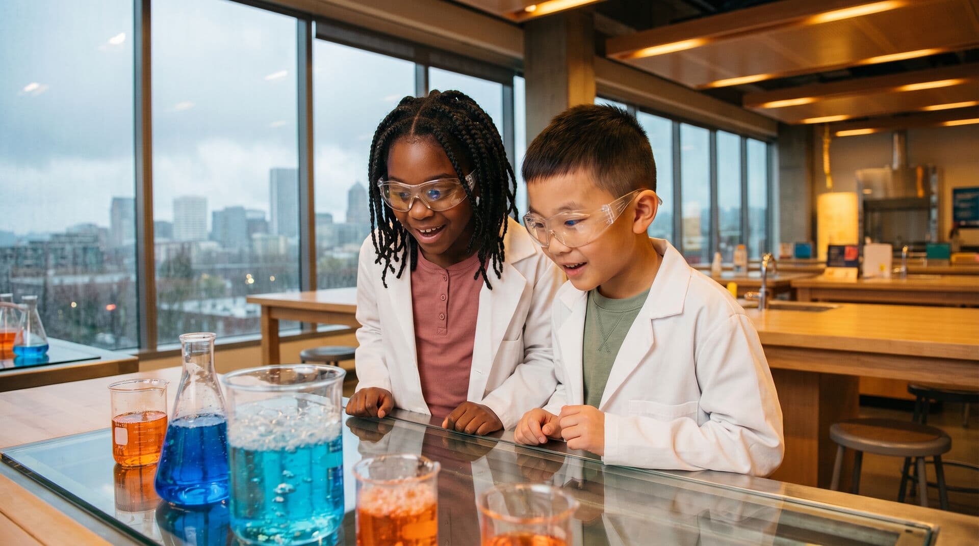 Children exploring hands-on science exhibits at OMSI summer camp