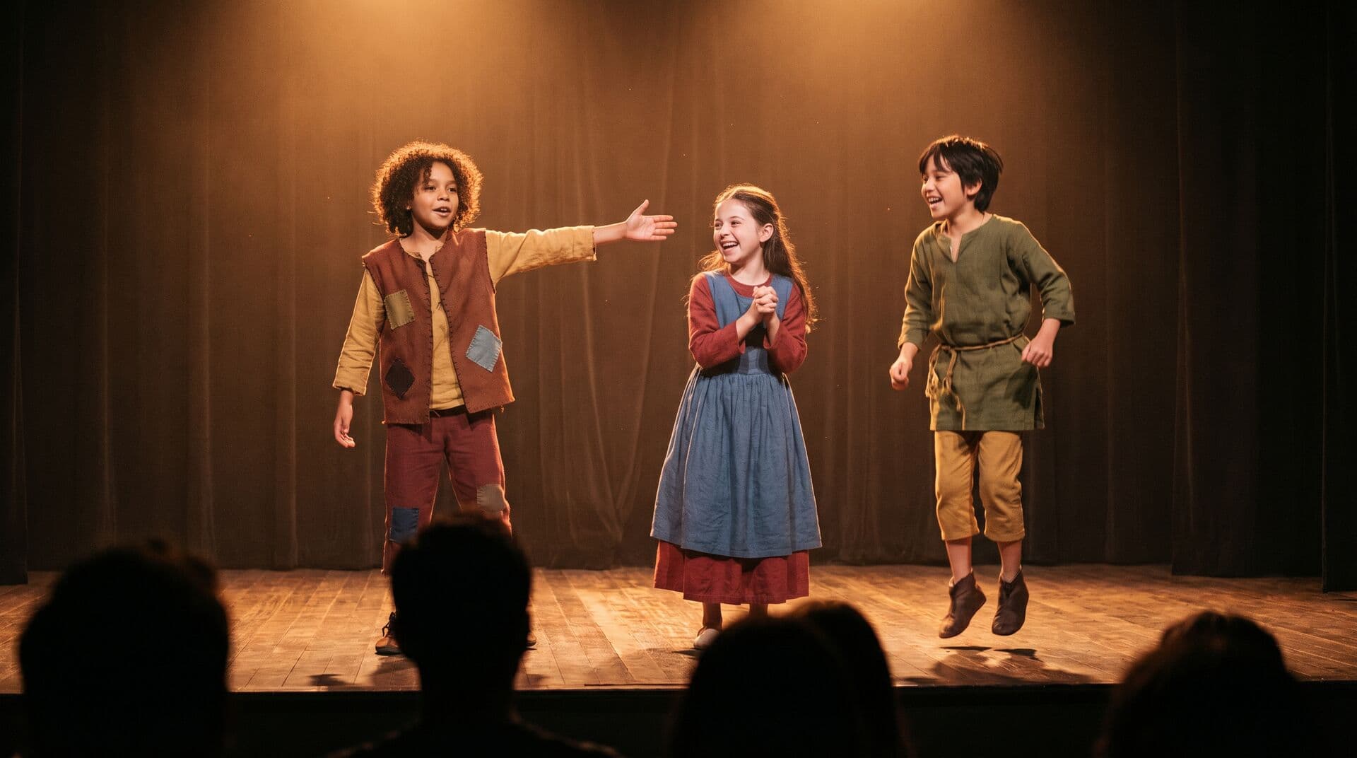Kids rehearsing a theater performance on stage at Portland arts camp