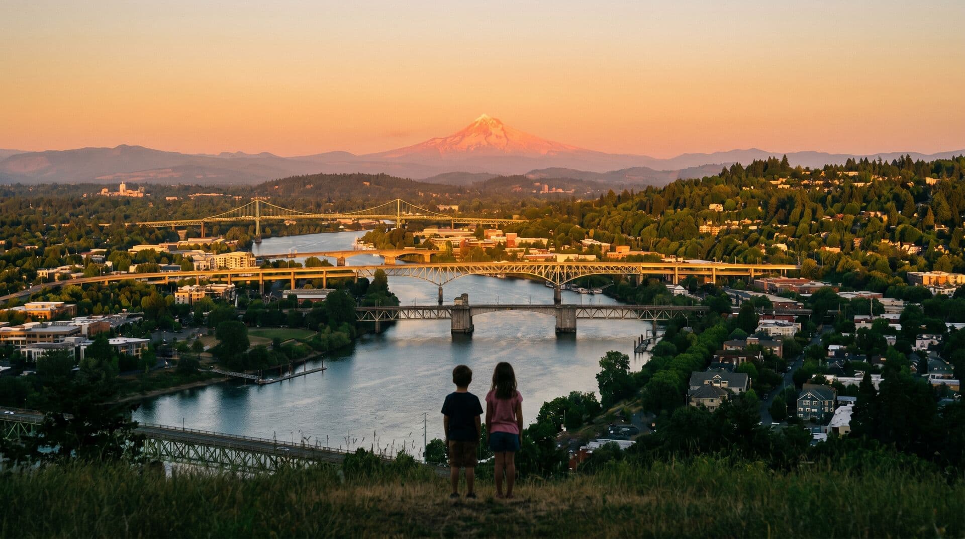 Aerial view of Portland neighborhoods with family-friendly parks and camps