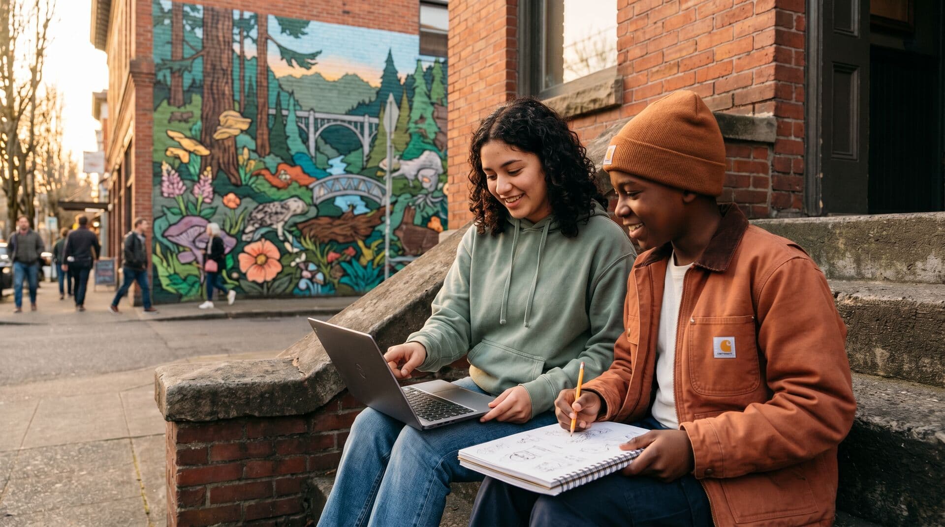 Teenagers working on a group project at Portland summer program