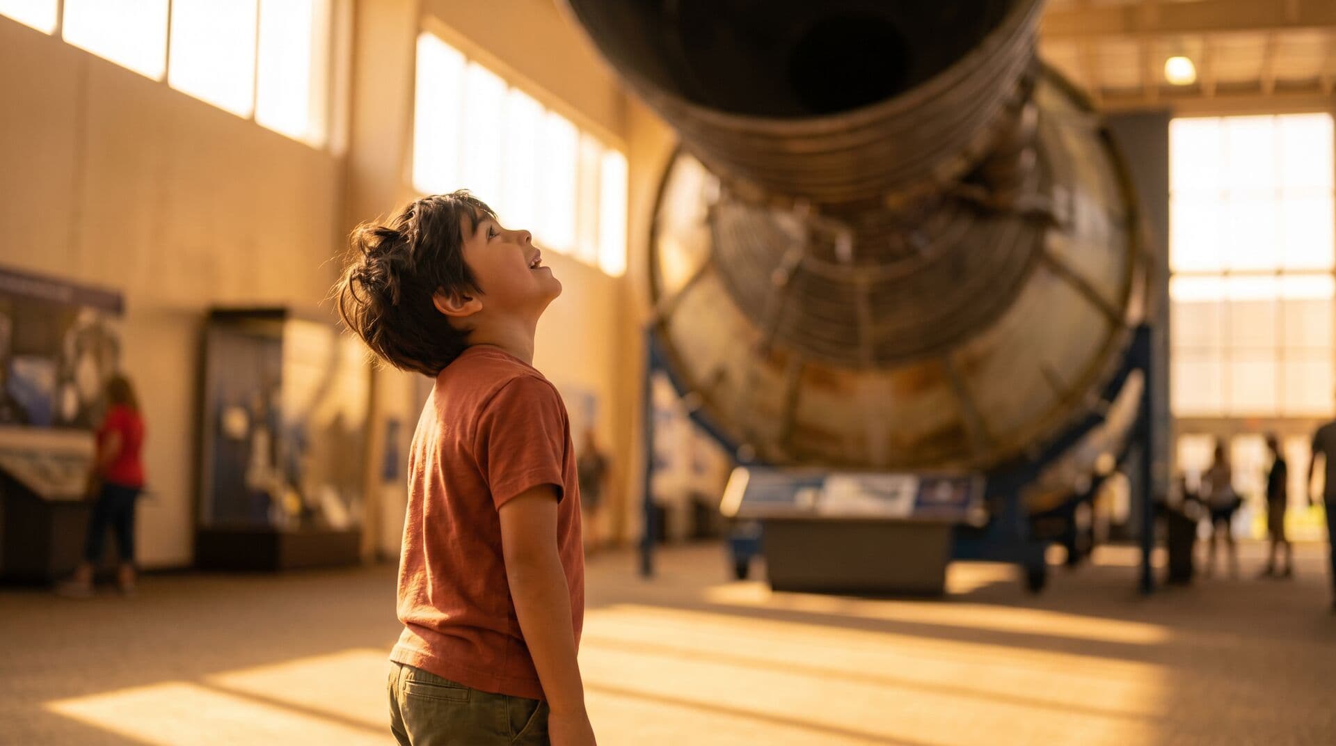 A group of children looking up at a massive Saturn V rocket exhibit inside Space Center Houston.