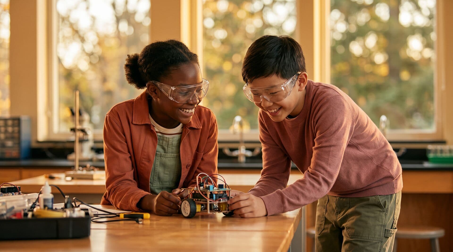 Two kids working together on a small programmable robot