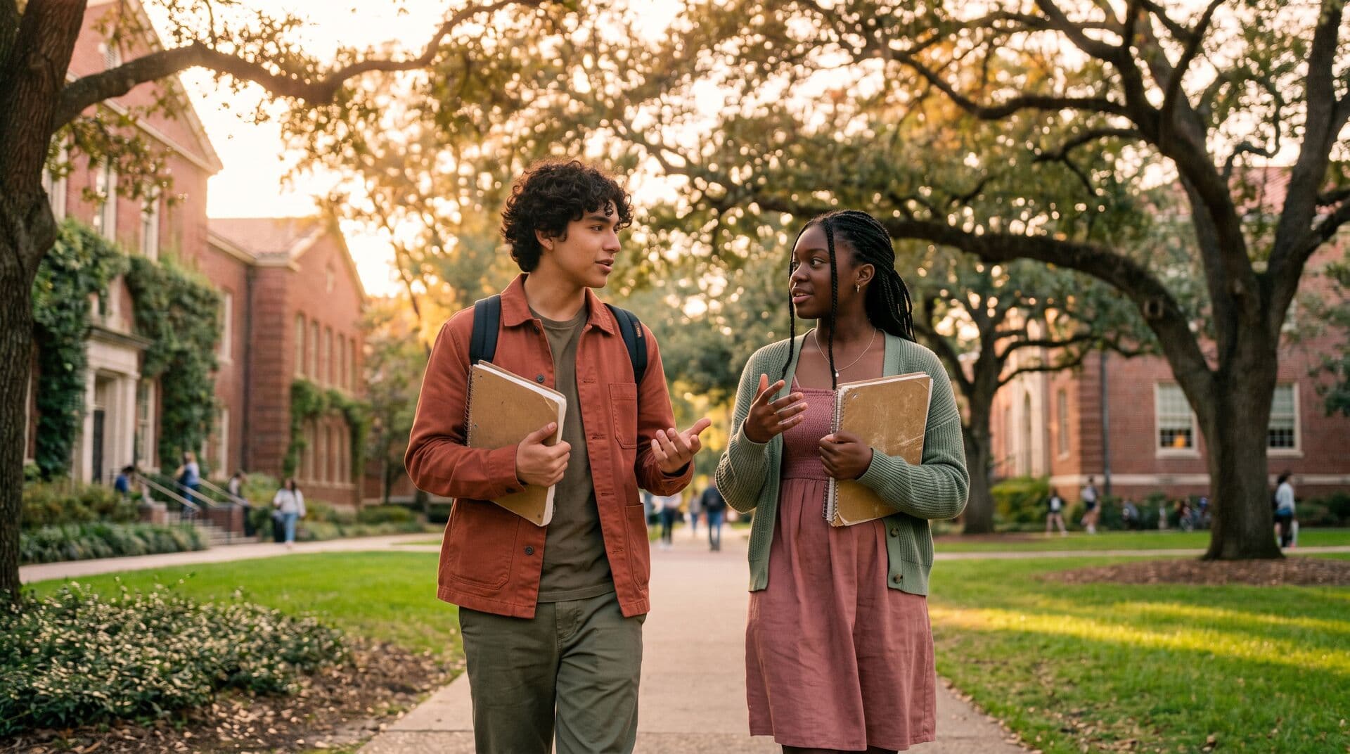 Students walking across a sunny university campus with trees and a brick building in the background